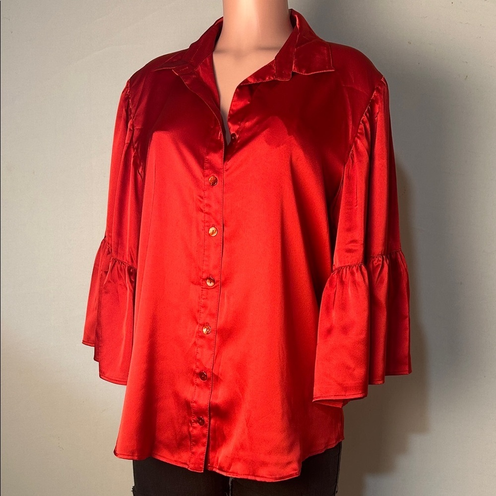 FINLEY $205 Solid Red Satin Shirred Bell Sleeve Button Up Shirt Top Size XL